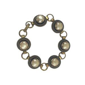 Vintage Faux Pearl & Gold-Tone Bracelet Textured Bezel Design 7.5" Long Unique